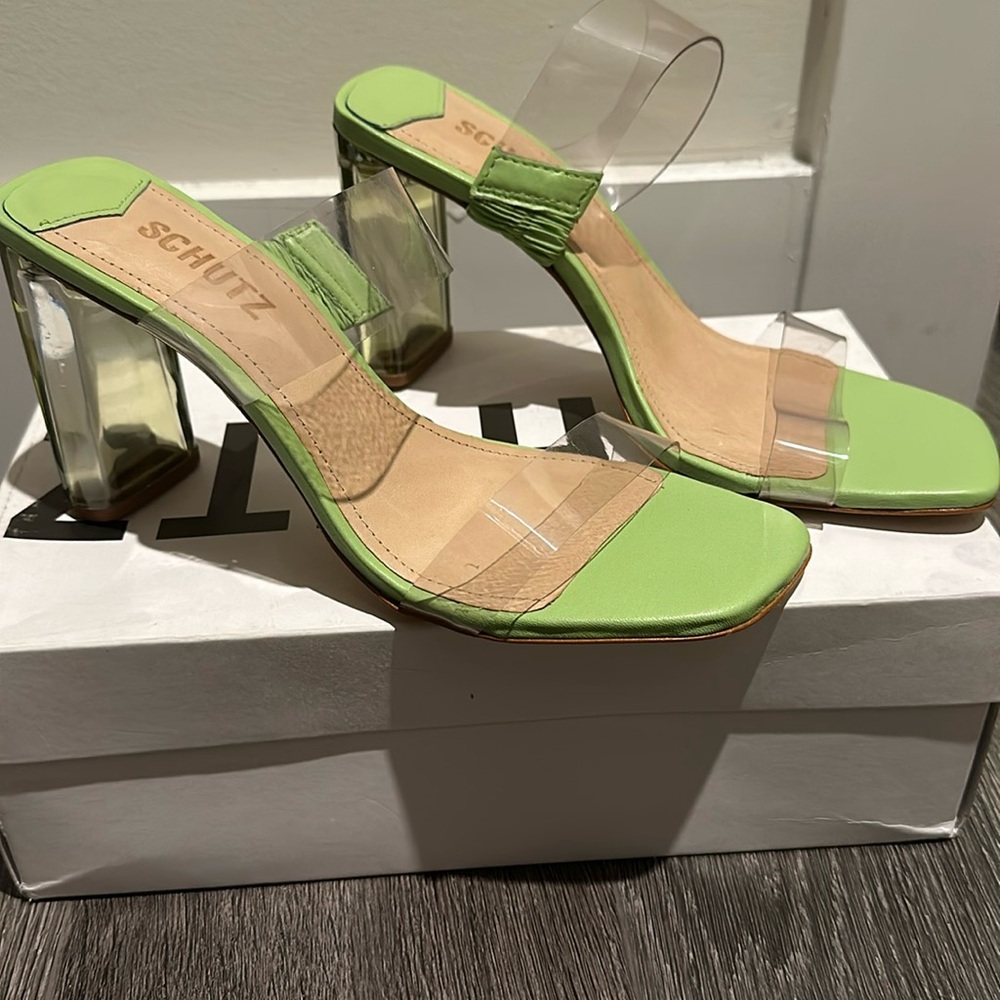 Schutz Ariella Acrylic Mules Lime Green Size 7.5